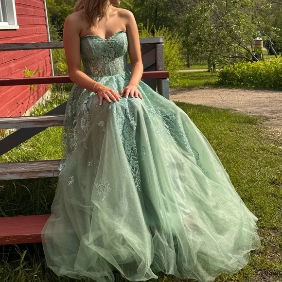 Elegant Mint Green Gown with Floral Embroidery - Picture 3 of 3